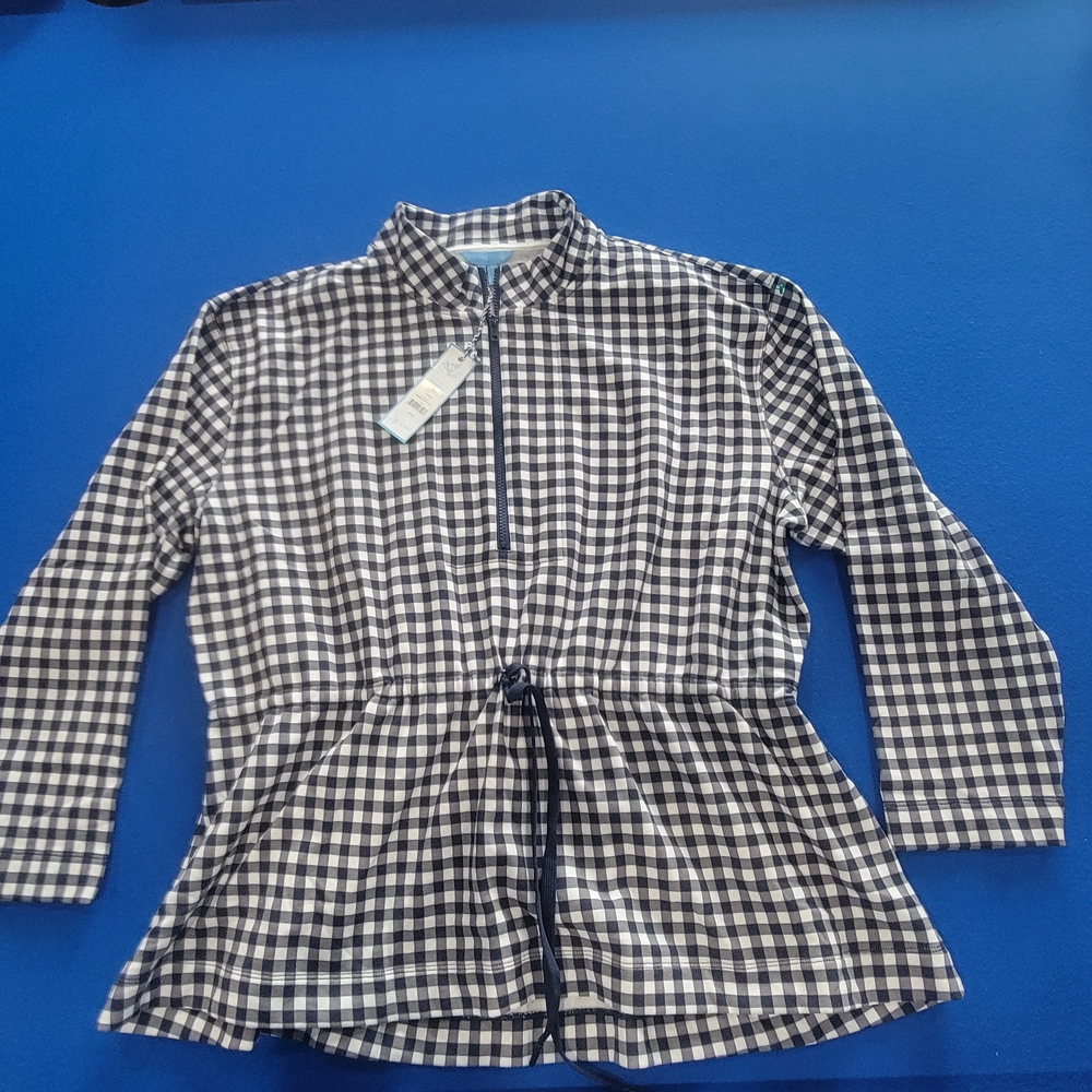 Draper James Navy & White Checkered Long Sleeve Top / Cinch Waist / Size 2X